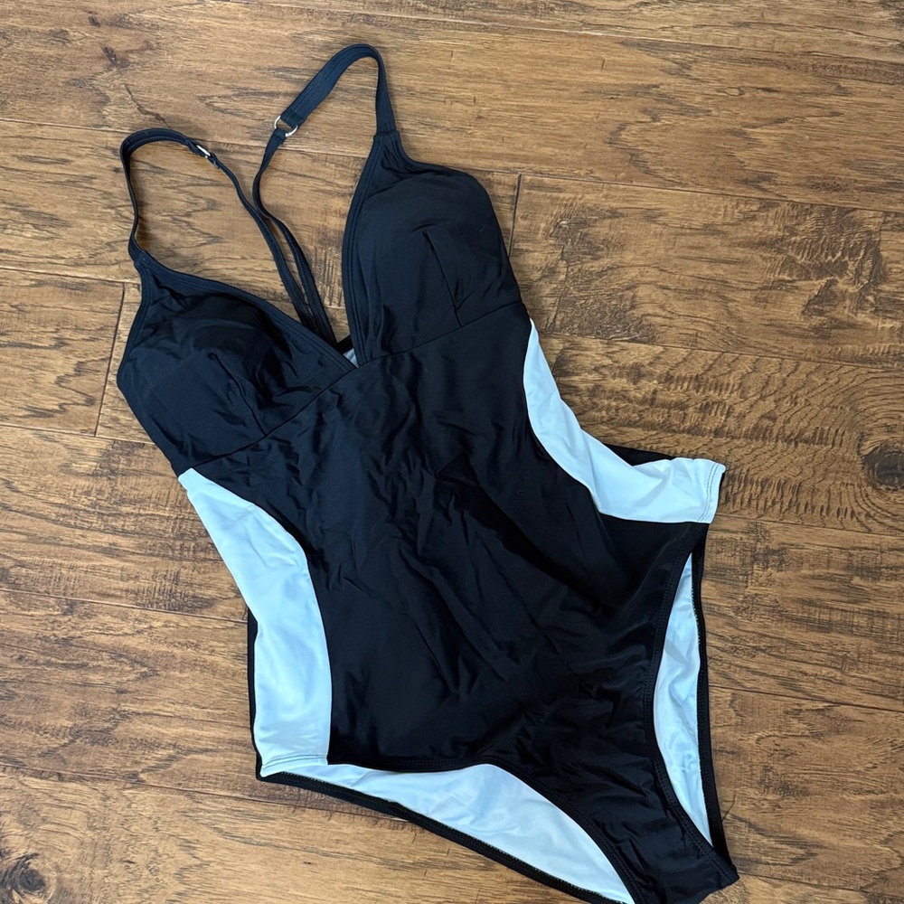 Black One-Piece Swimsuit with White Side Panels